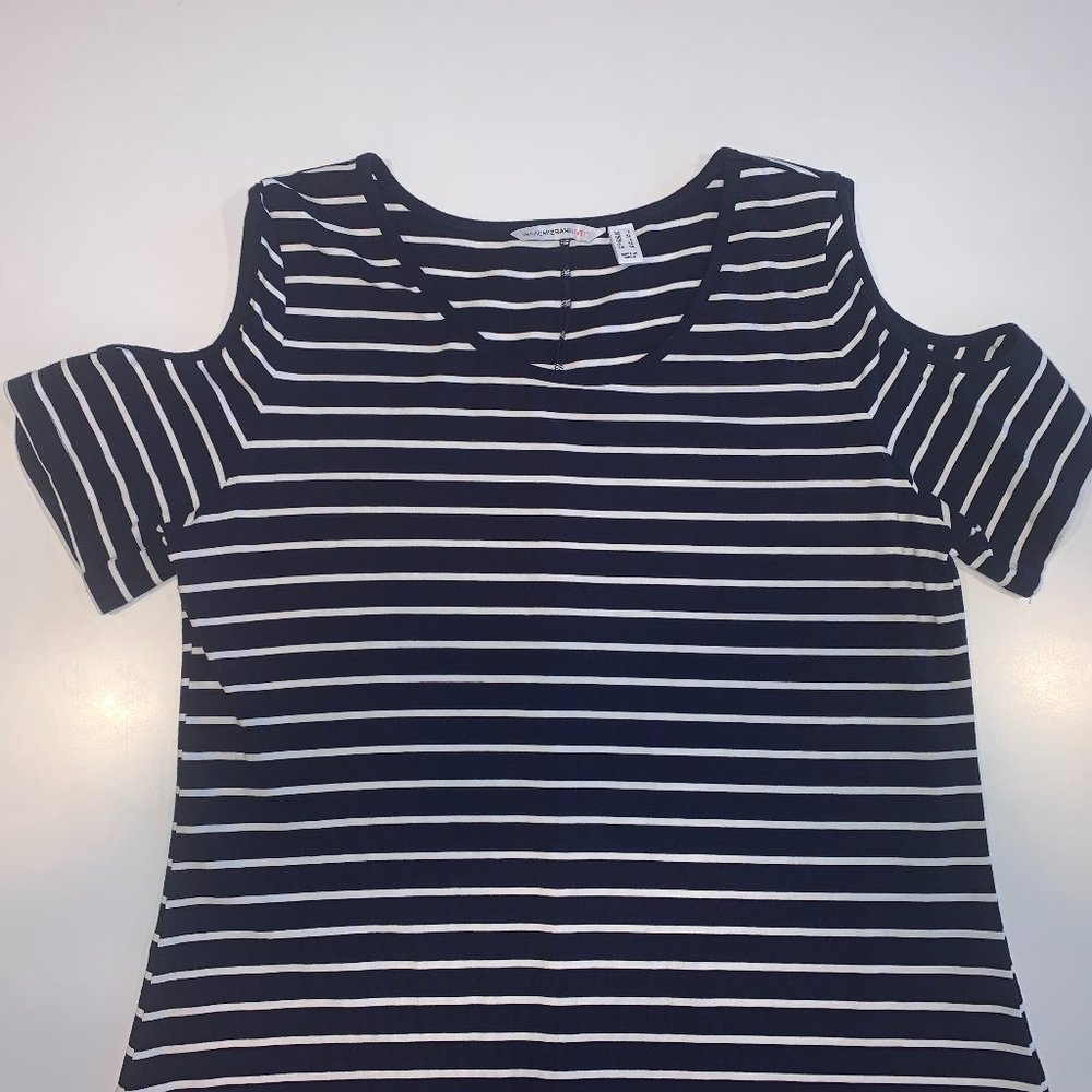 NWOT Isaac Mizrahi Live! Lg Blue/White Striped Cold Shoulder Maxi Dress Hi - Low - Picture 5 of 9